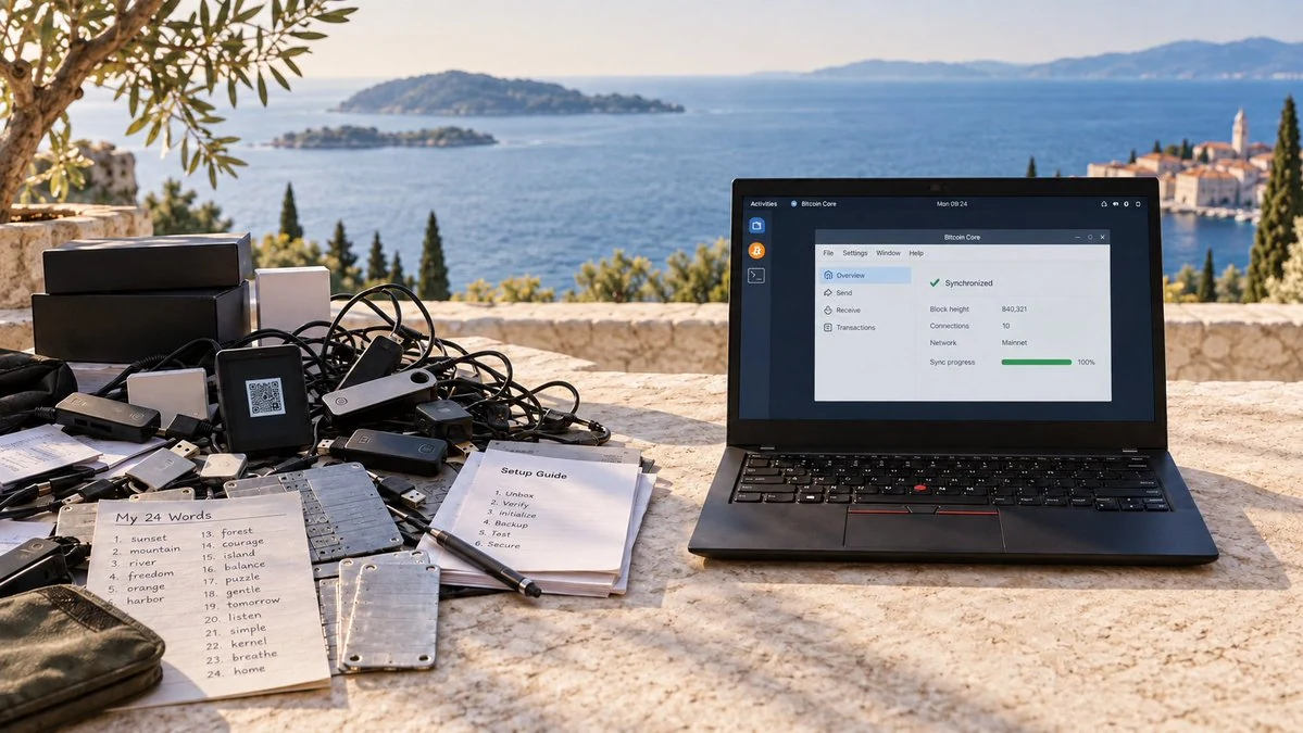 A cluttered collection of hardware wallets, seed plates, cables and manuals contrasts with a single ThinkPad running Bitcoin Core on a Mediterranean stone table.