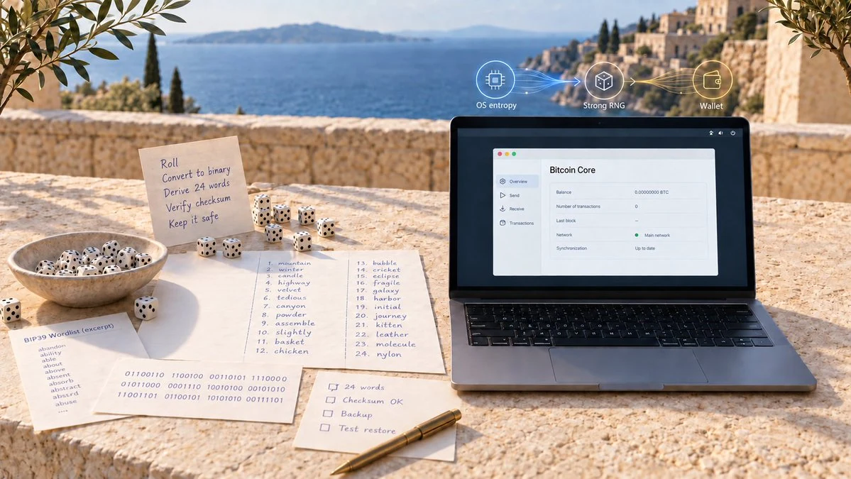 Dice, binary notes and seed-word worksheets contrast with a minimal Bitcoin Core laptop and a transparent flow from operating-system entropy to a wallet.