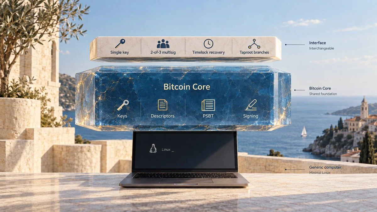 A thin graphical interface for spending policies sits above a substantial Bitcoin Core layer, supported by a generic laptop running minimal Linux.