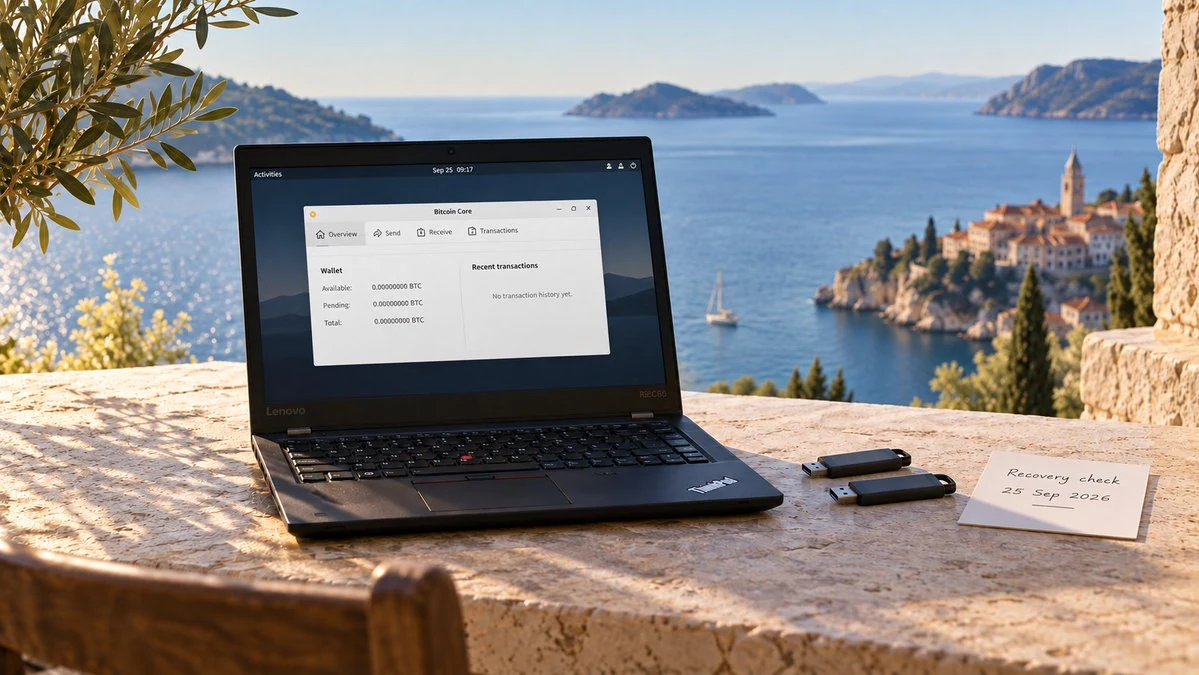 An older ThinkPad running Bitcoin Core rests beside two plain backup USB drives and a recovery-check date card on a sunlit stone desk overlooking the sea.