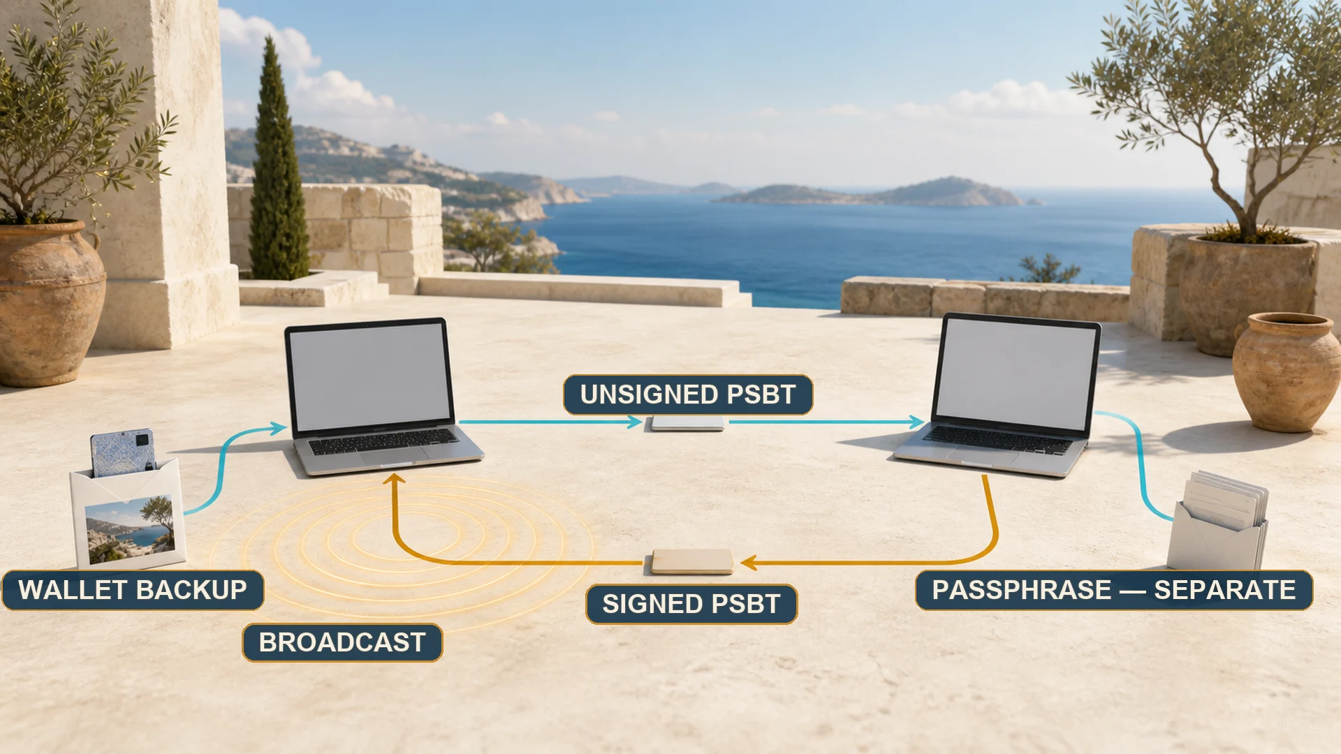 A protected wallet artifact moves into Bitcoin Core, becomes an unsigned transaction, travels to a separate signer, and returns ready for broadcast while the passphrase stays apart.