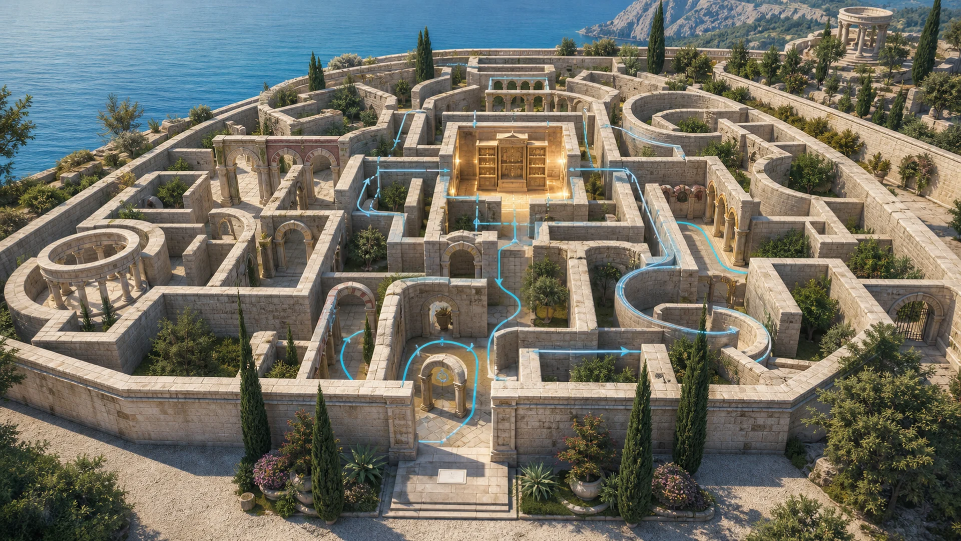A blank seed card stands at the entrance to a sunlit stone maze whose branches represent the missing assumptions needed to find the wallet at its center.