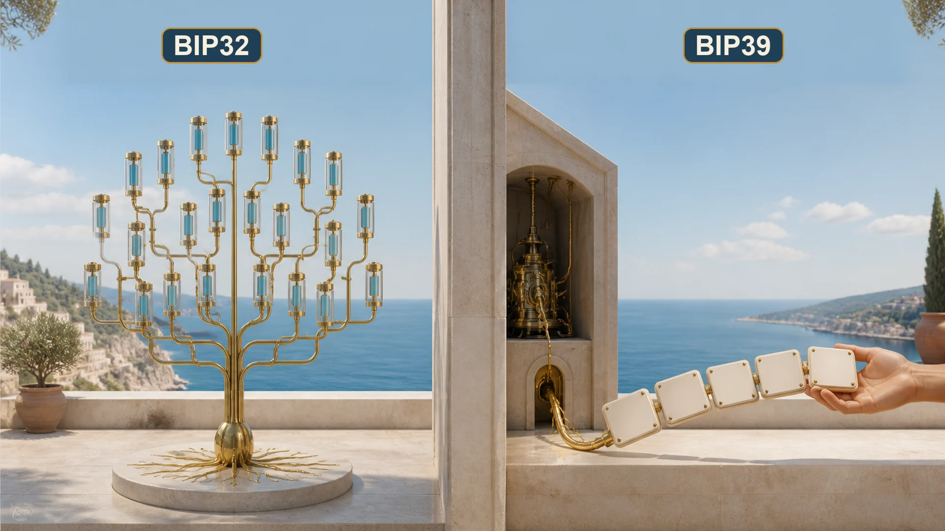 One root becomes a precise branching key tree on the BIP32 side, while root material crosses into human-held mnemonic tiles on the BIP39 side.