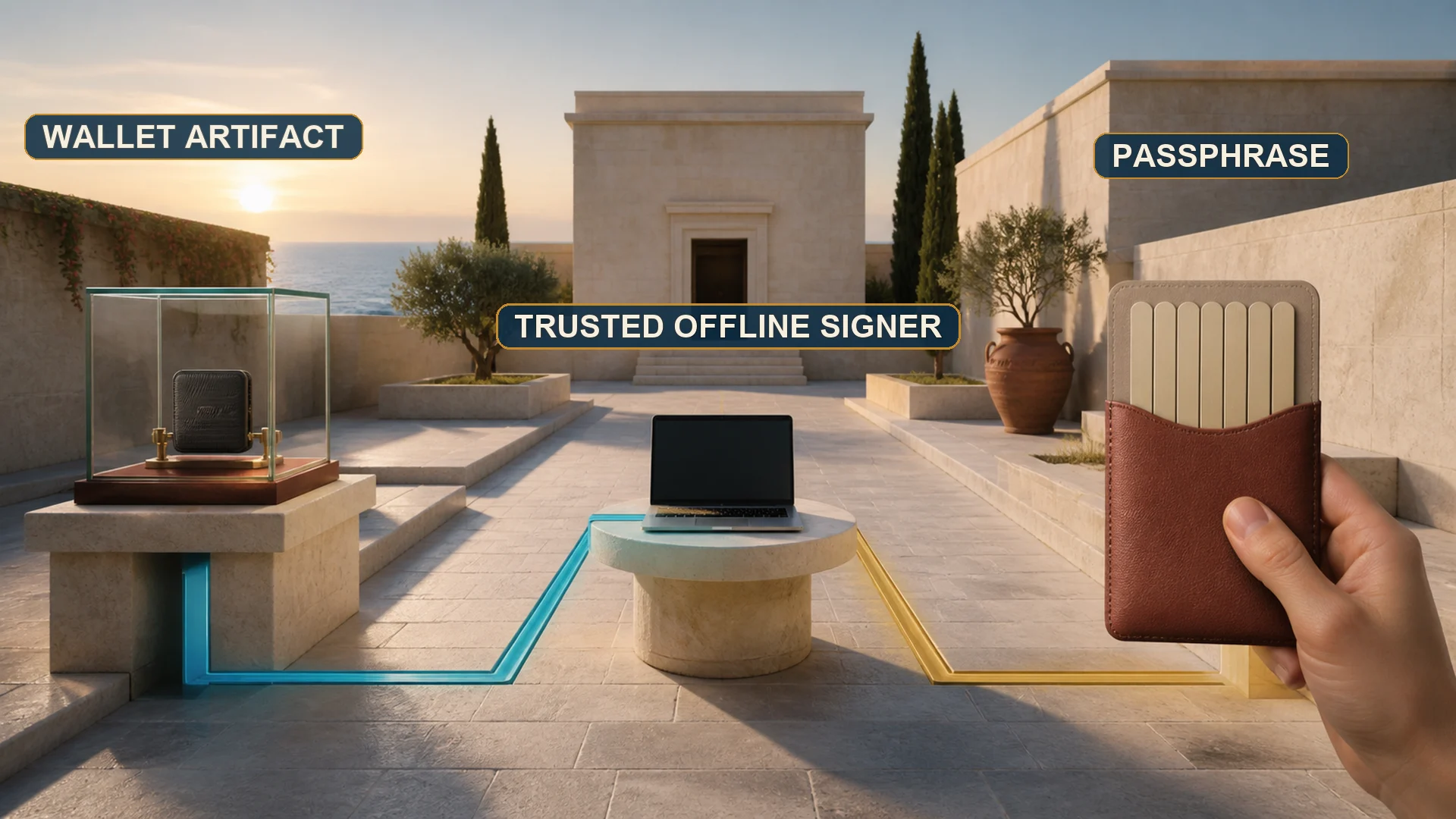 A protected wallet artifact and a separate passphrase travel through different physical routes and meet only at a trusted offline signing machine.