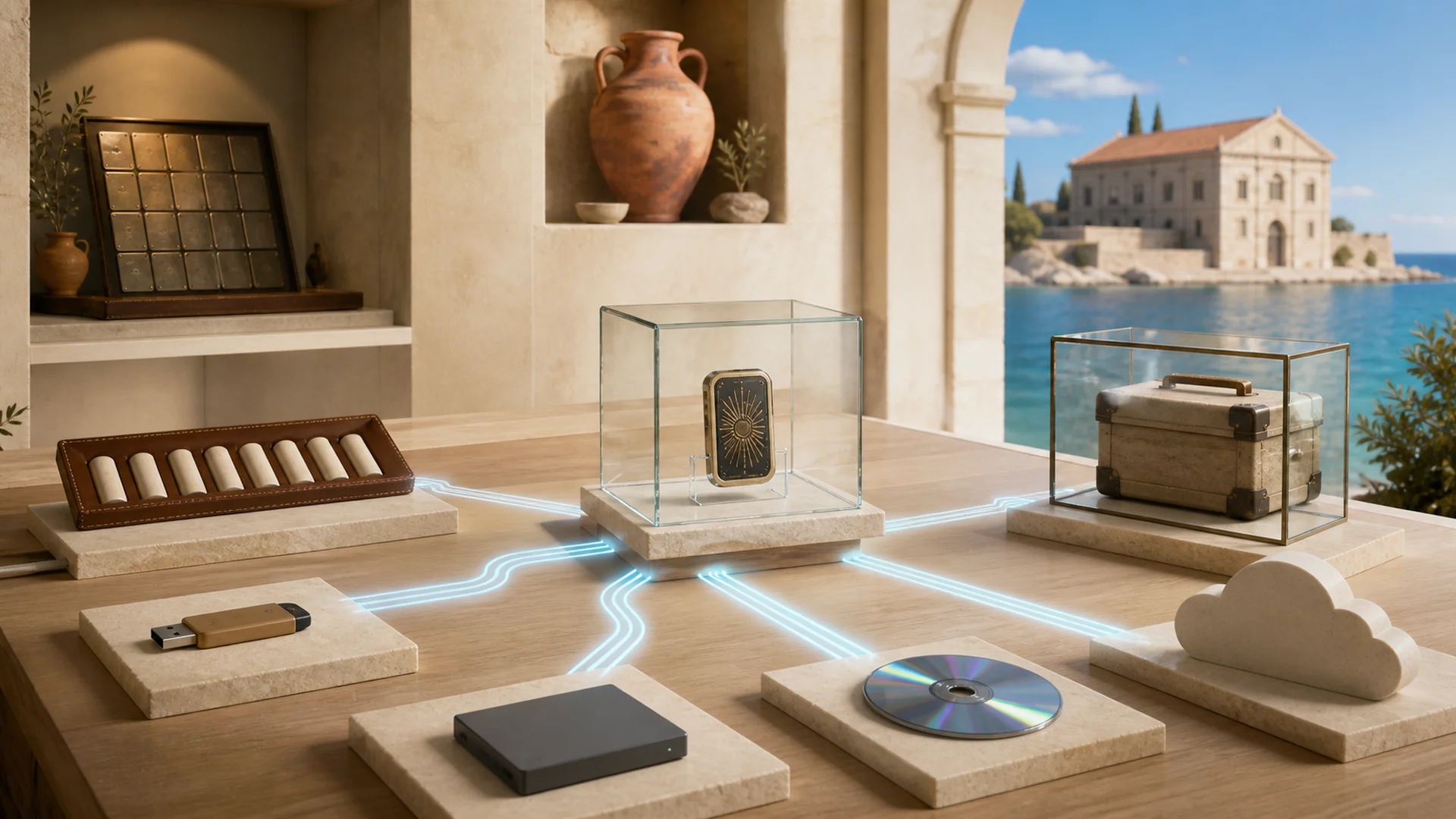 Copies of one protected wallet artifact rest on several storage media and in separate archives while the passphrase remains visibly detached.