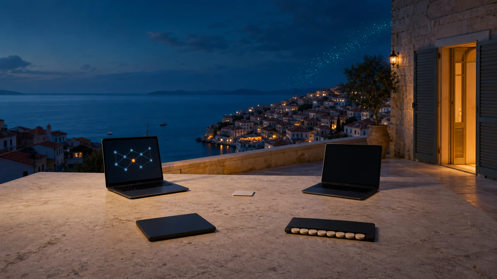 Two generic laptops form an online-and-offline Bitcoin Core workflow at Mediterranean dusk while a protected backup and separate passphrase sit nearby.