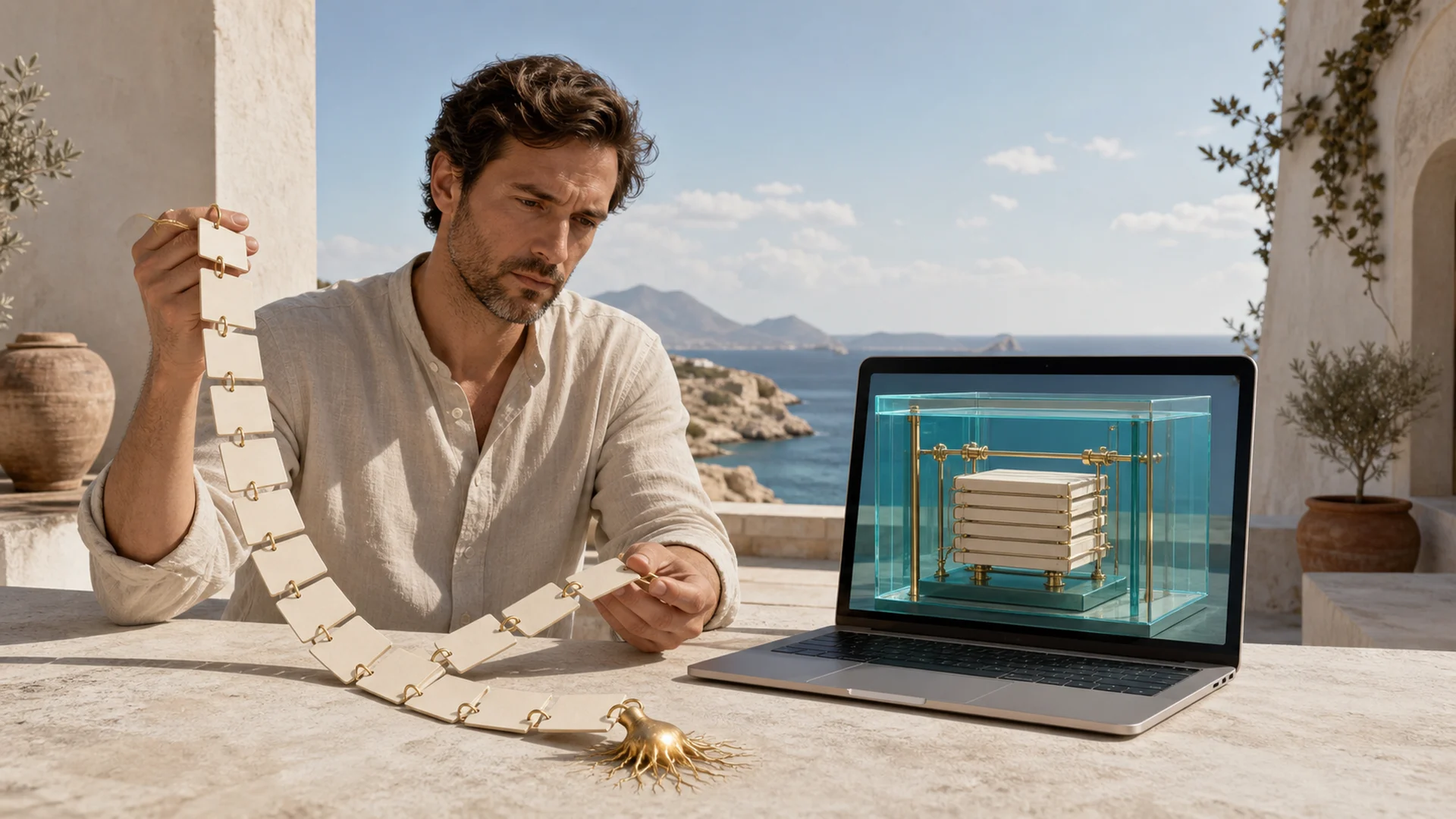 A person holds a long chain of blank mnemonic tiles beside a laptop that keeps a structured wallet safely inside a blue glass chamber.
