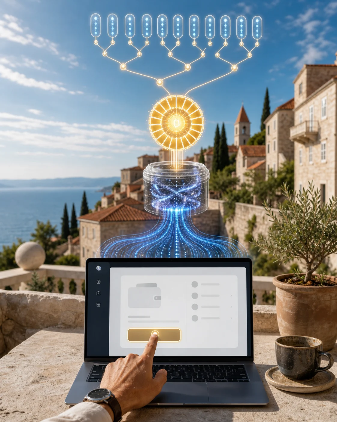 Klik na laptopu pokreće tok od izvora slučajnosti preko kriptografske jezgre do HD wallet stabla.
