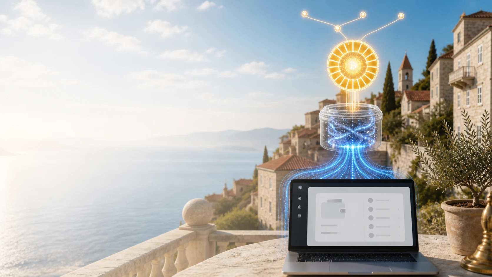 A click on a laptop starts the creation of a Bitcoin Core wallet from multiple sources of randomness.
