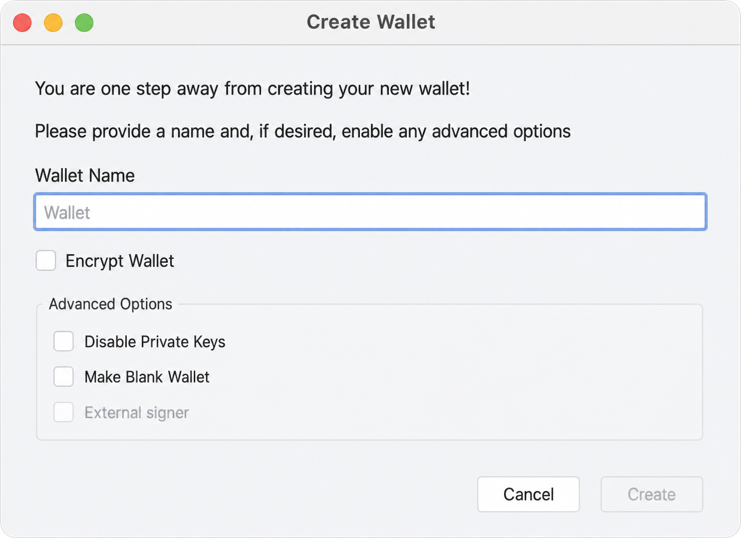 Bitcoin Core Create Wallet dialog before a wallet name is entered