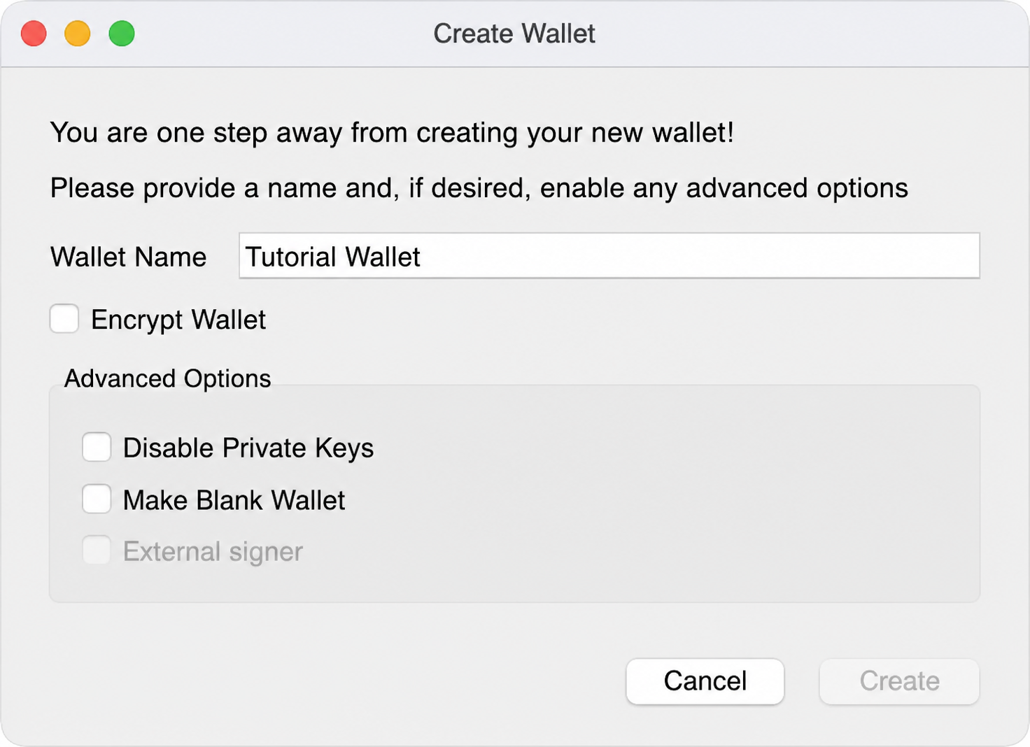 Bitcoin Core Create Wallet dialog with Tutorial Wallet entered as the wallet name