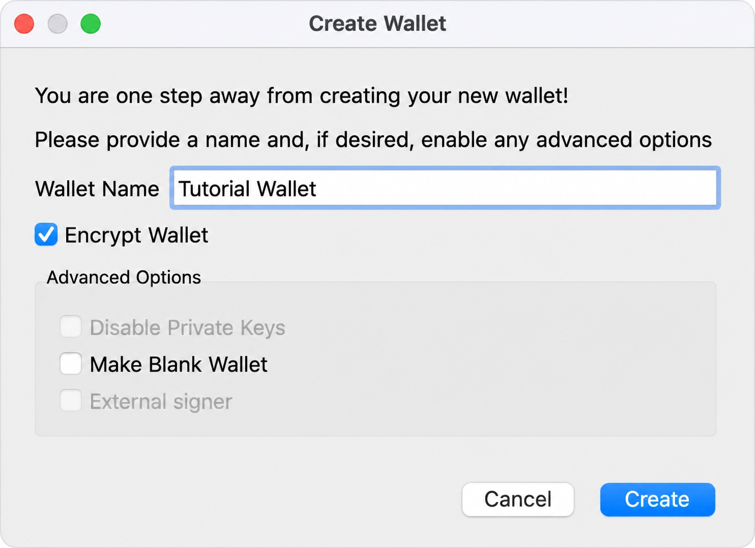 Bitcoin Core Create Wallet dialog with Encrypt Wallet enabled