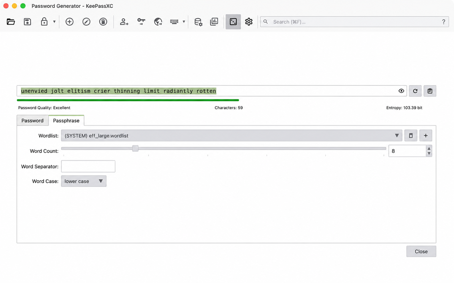 KeePassXC Passphrase tab configured for eight random lower-case words