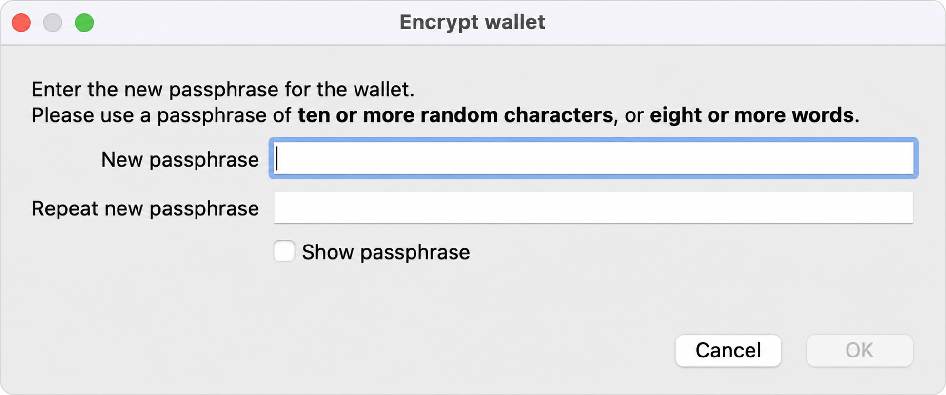 Bitcoin Core Encrypt wallet dialog with fields for entering and repeating a new passphrase