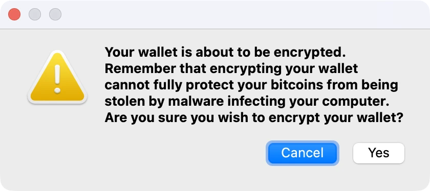 Bitcoin Core warning that wallet encryption cannot fully protect bitcoin from malware