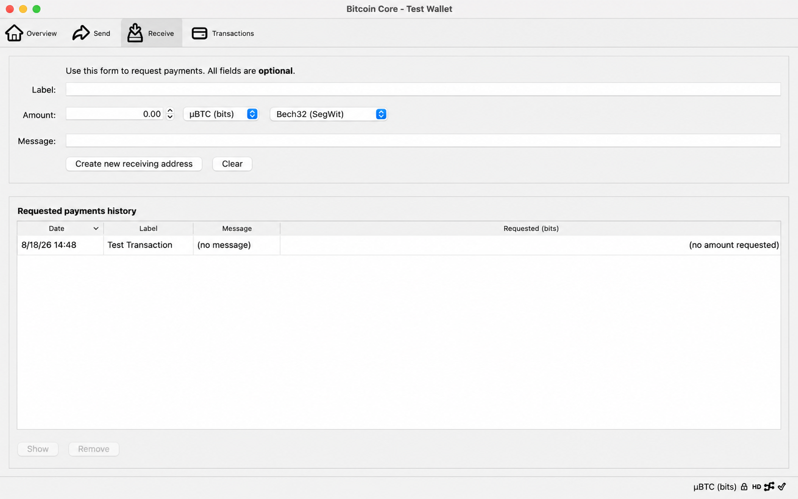 Bitcoin Core Receive tab with a Test Transaction request in payment history