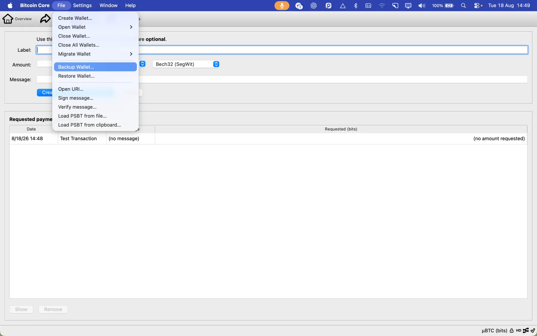 Bitcoin Core File menu with Backup Wallet selected