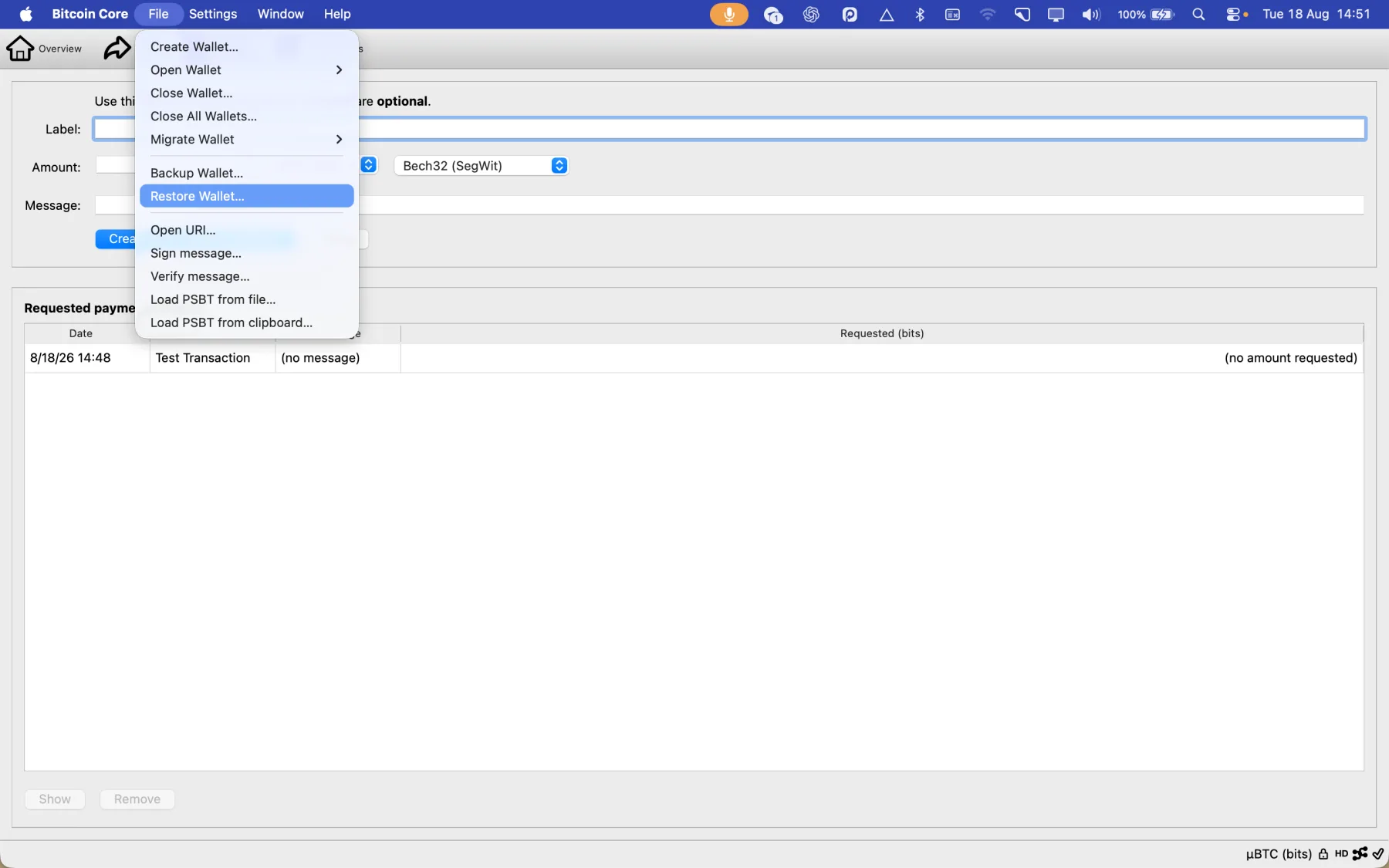 Bitcoin Core File menu with Restore Wallet selected