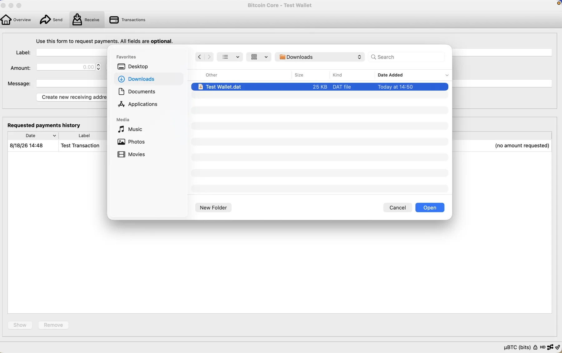 macOS restore dialog with the Test Wallet.dat backup selected