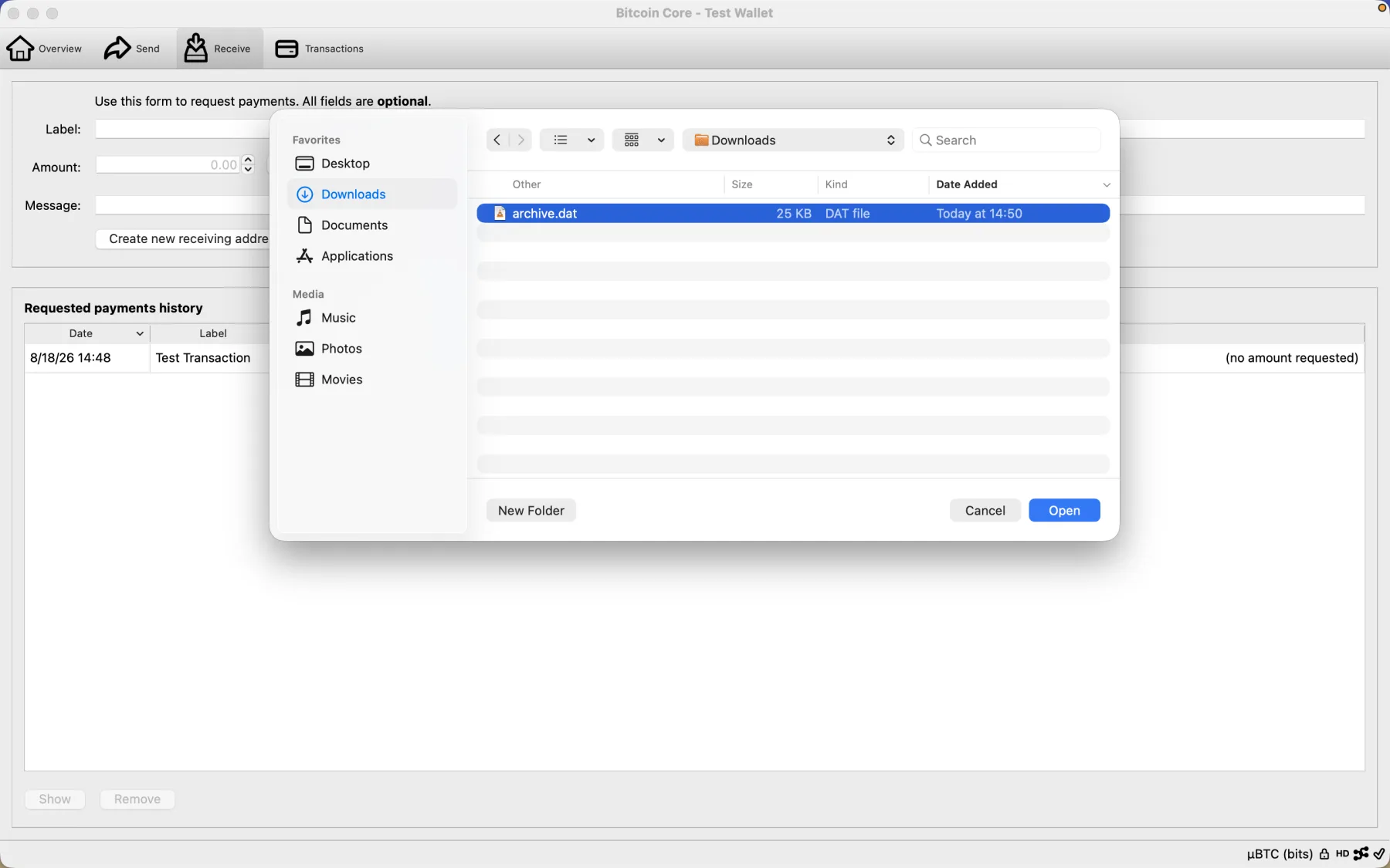 Bitcoin Core restore dialog with archive.dat selected