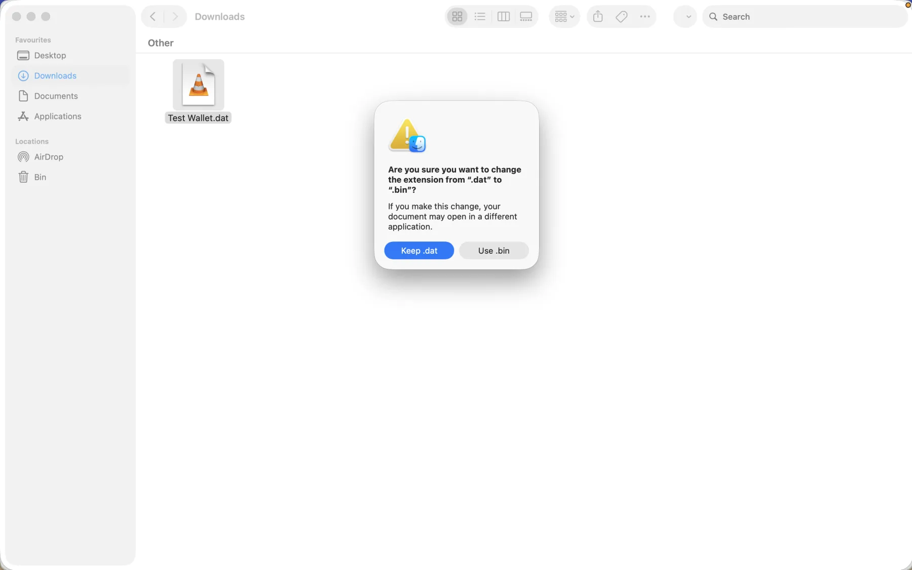 macOS warning asking whether to use the .bin extension
