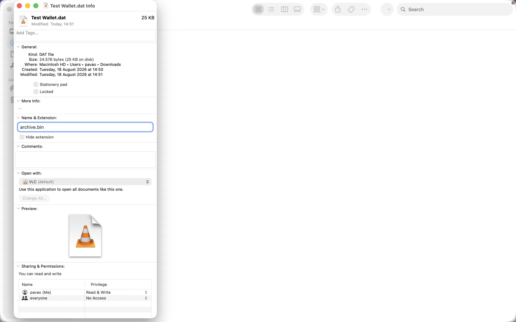macOS Get Info window renaming Test Wallet.dat to archive.bin