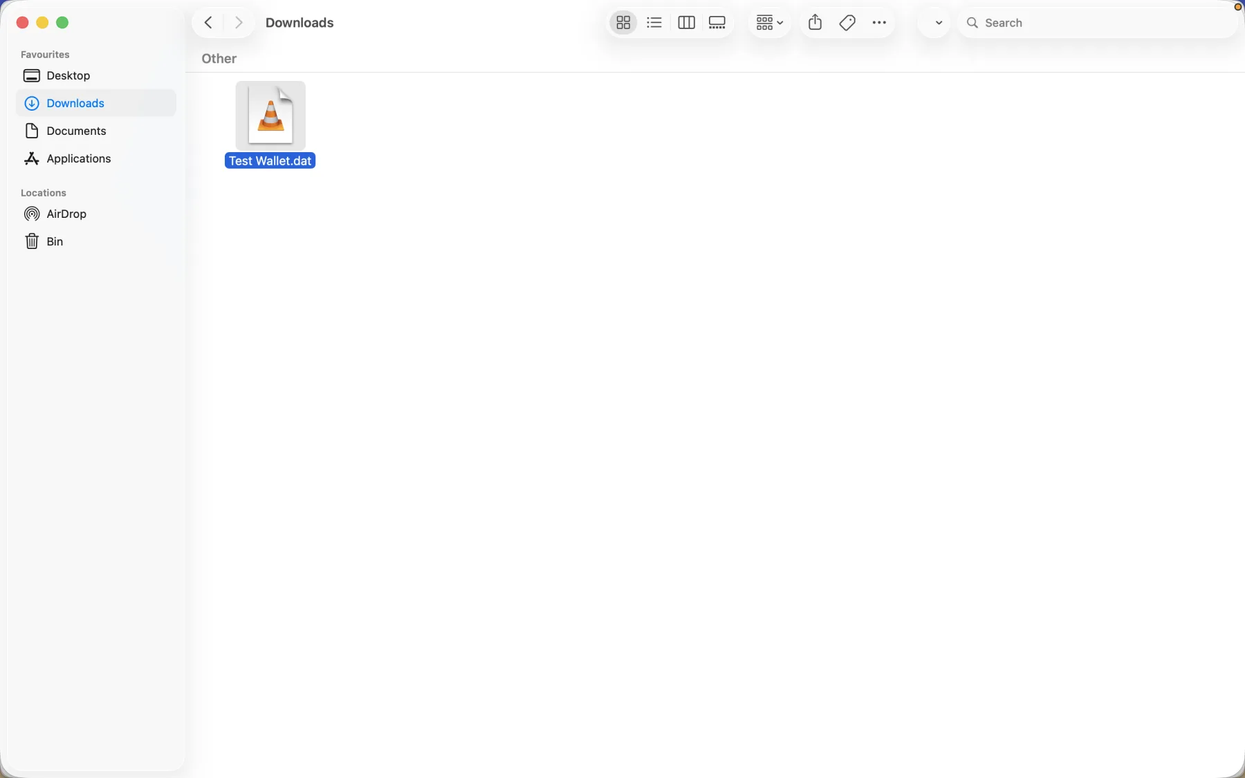 Finder showing the original Test Wallet.dat backup