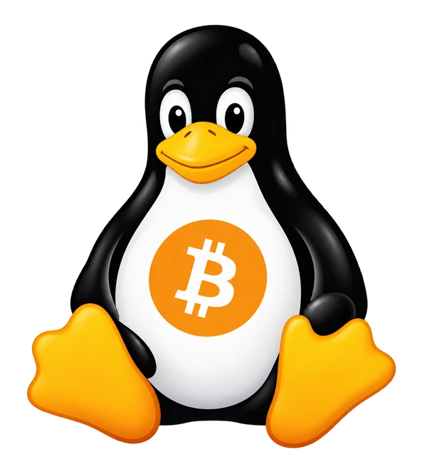 Linux Tux with the orange Bitcoin logo on his belly