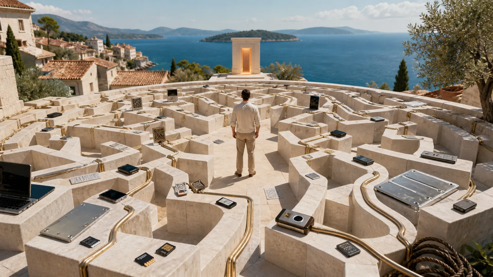 A person stands inside a limestone maze of hardware wallets, backup plates, cards, laptops, and cables overlooking the Adriatic Sea.