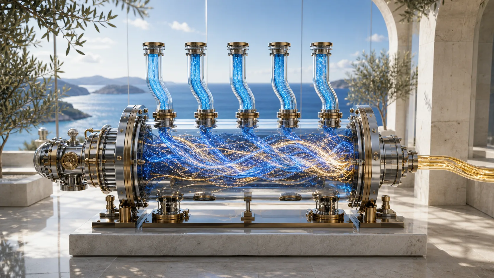 Five blue streams enter a glass cryptographic mixing chamber and emerge as one concentrated golden stream.