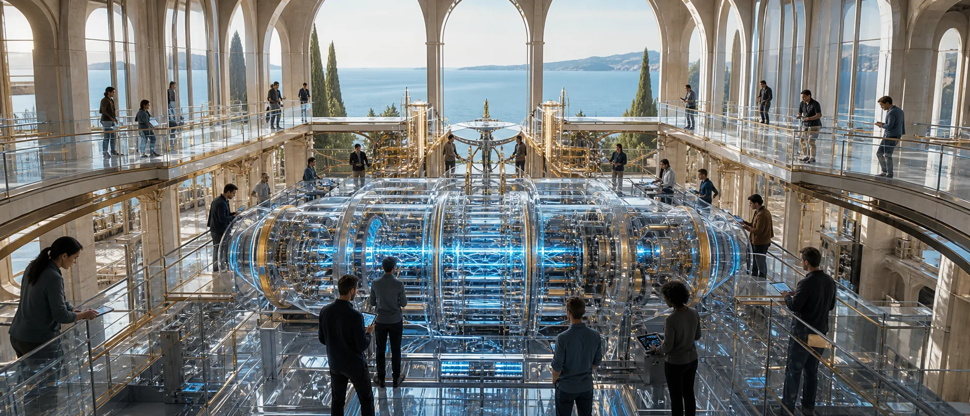 Engineers inspect a transparent modular machine from many levels of a sunlit Mediterranean hall.