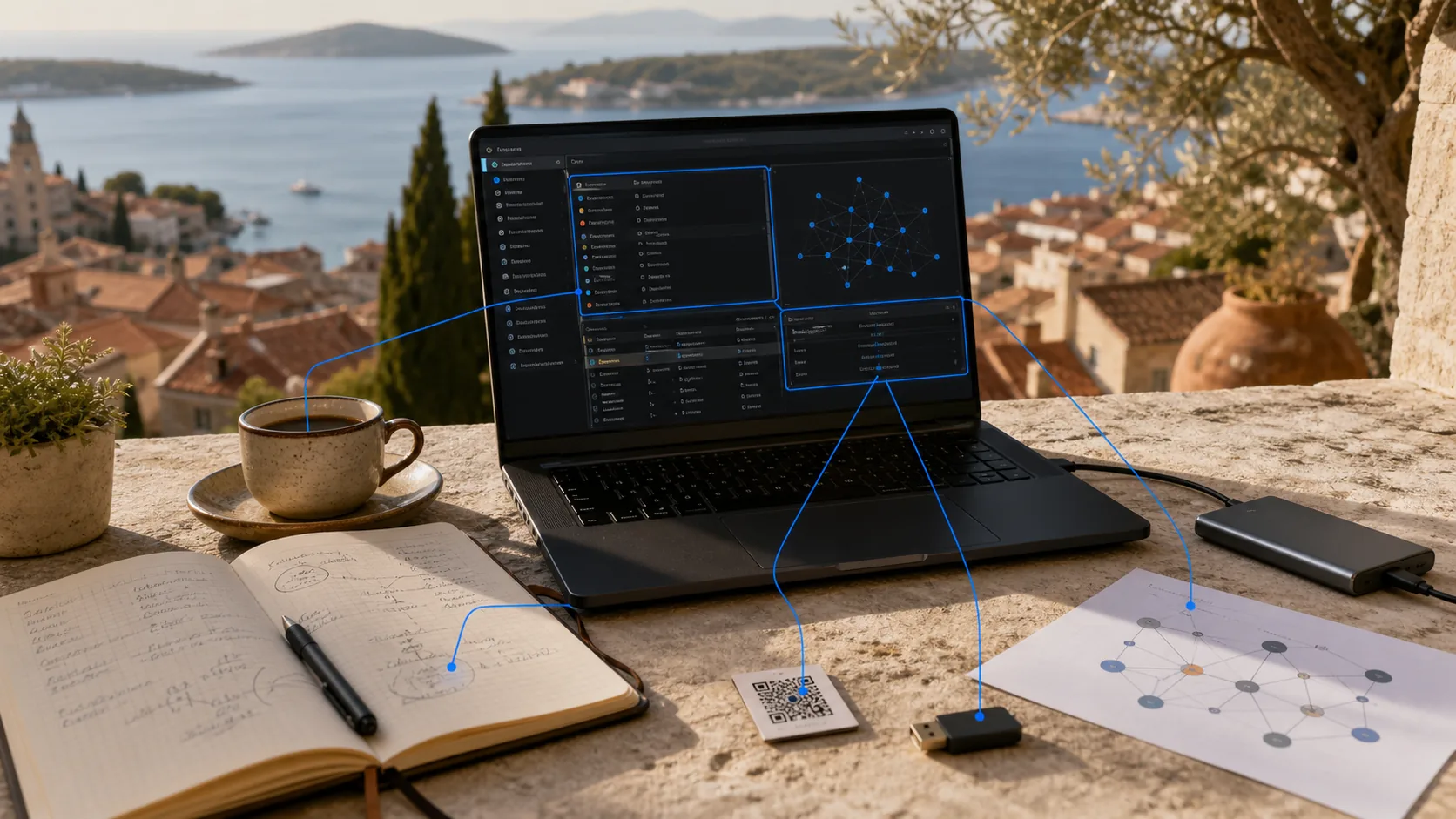 A laptop, notebook, SSD, network diagram, QR card, USB drive, and coffee form a patient Bitcoin Core learning setup.