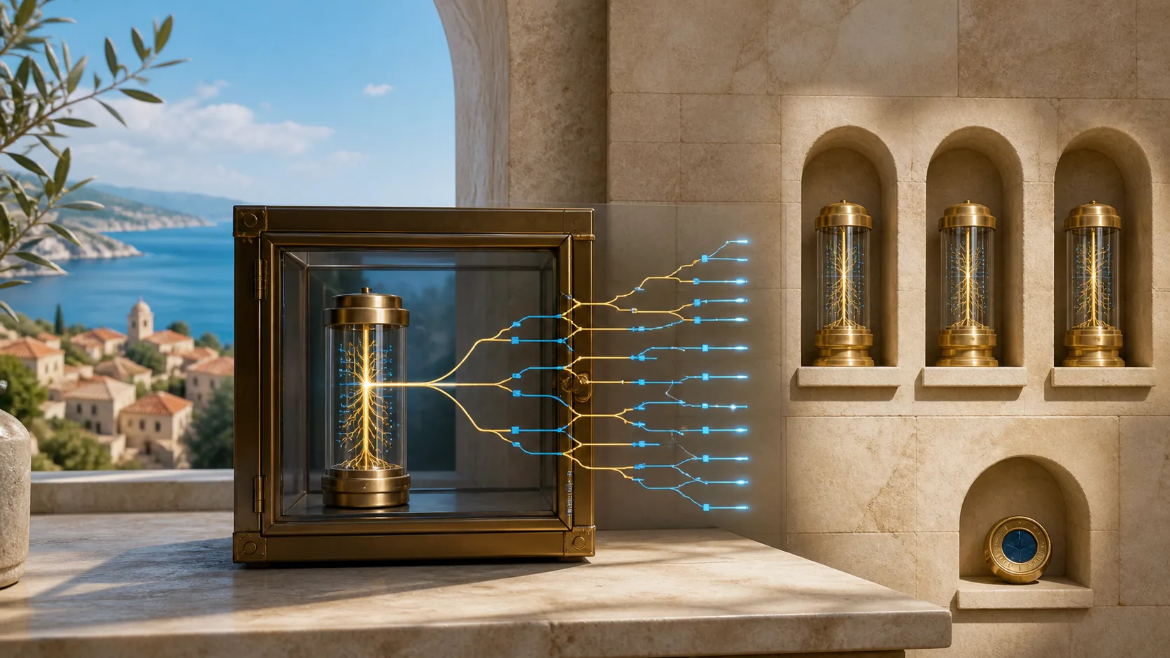 A protected wallet root branches into many future addresses while three backup capsules and a separate passphrase token remain stored apart.
