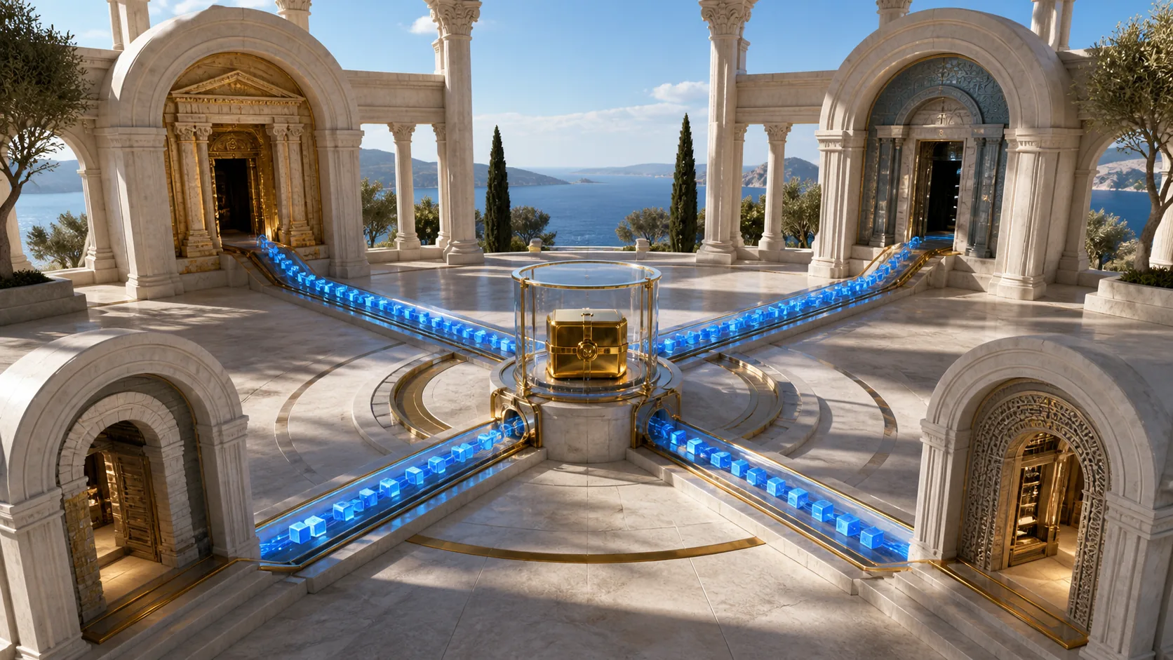 One protected wallet core sends four branches toward four distinct doorways within the same Mediterranean pavilion.