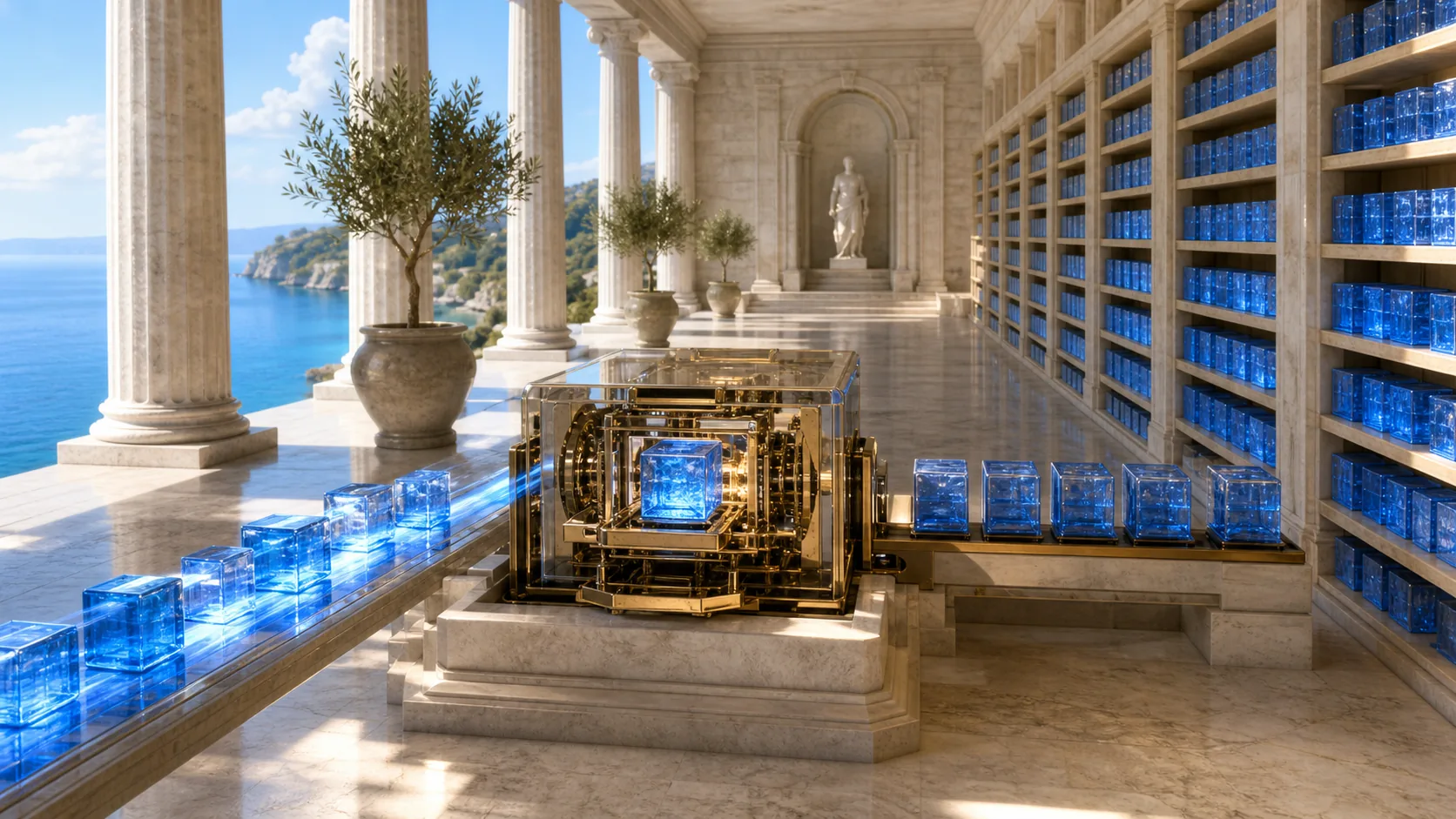 A compact machine validates incoming blue blocks beside a vast archive that retains every historical block.