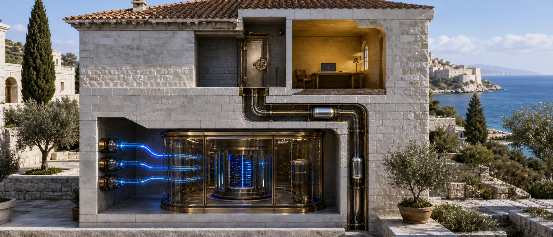 An online node validates network data below an isolated room where a dedicated offline laptop signs a transferred transaction.