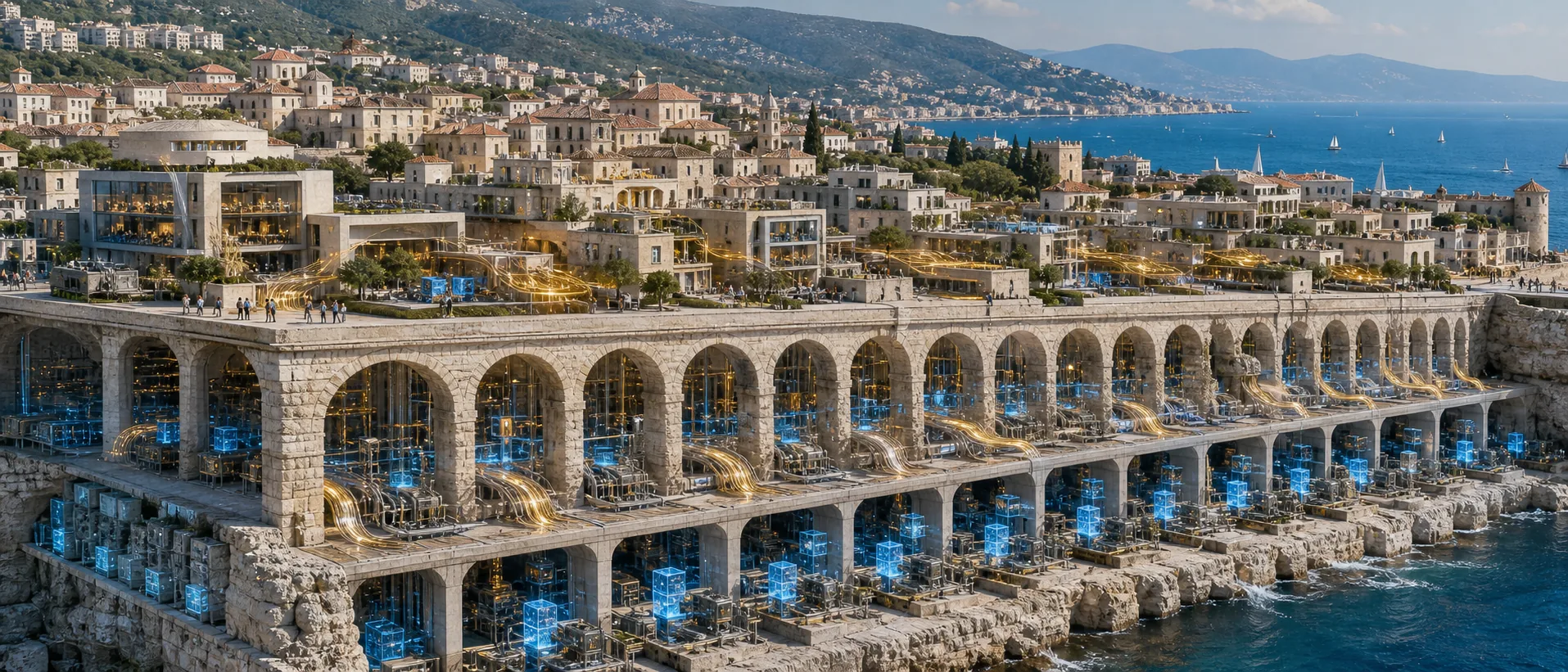 Many independent Bitcoin Core nodes form an open limestone foundation beneath a connected coastal economy.