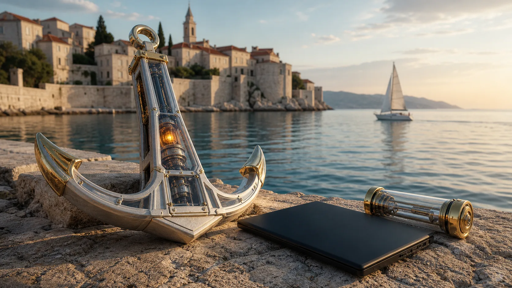 A precisely engineered anchor, closed laptop, and encrypted backup capsule rest beside a calm Mediterranean harbor.
