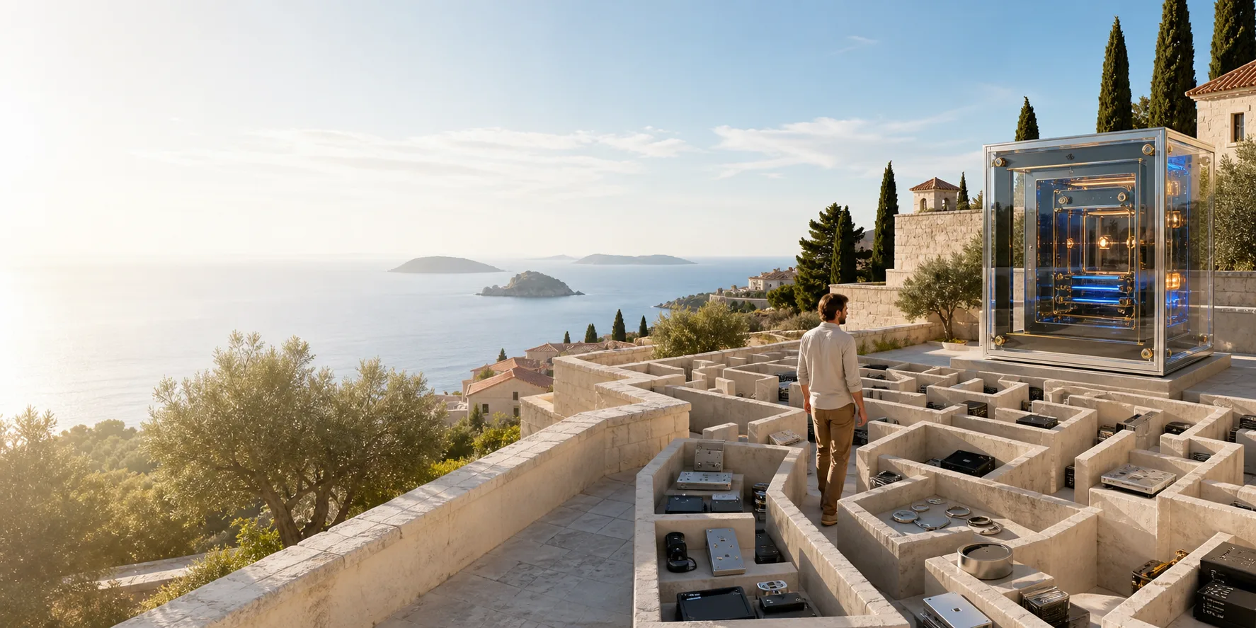 A traveler leaves a limestone maze for a transparent Bitcoin Core machine overlooking the Adriatic Sea.