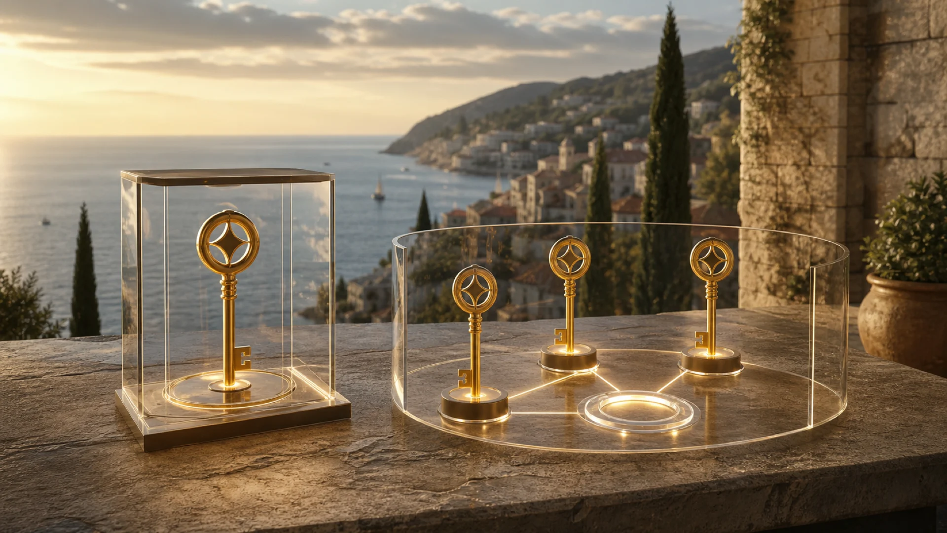 One-key and two-of-three authorization structures share equal visual weight on an Adriatic terrace.