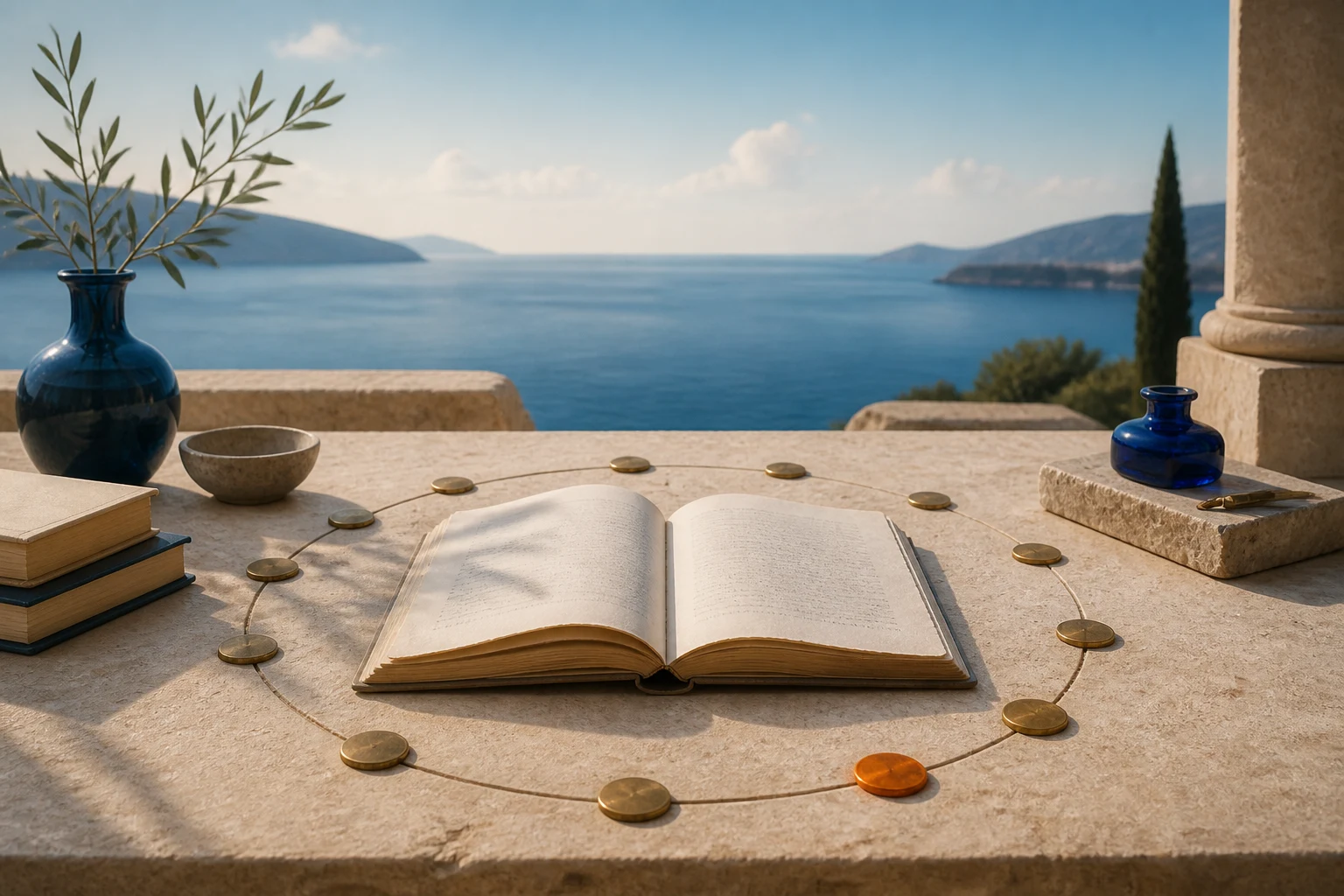 An open book encircled by small brass markers on a sunlit Mediterranean stone table, symbolizing open knowledge and voluntary exchange.